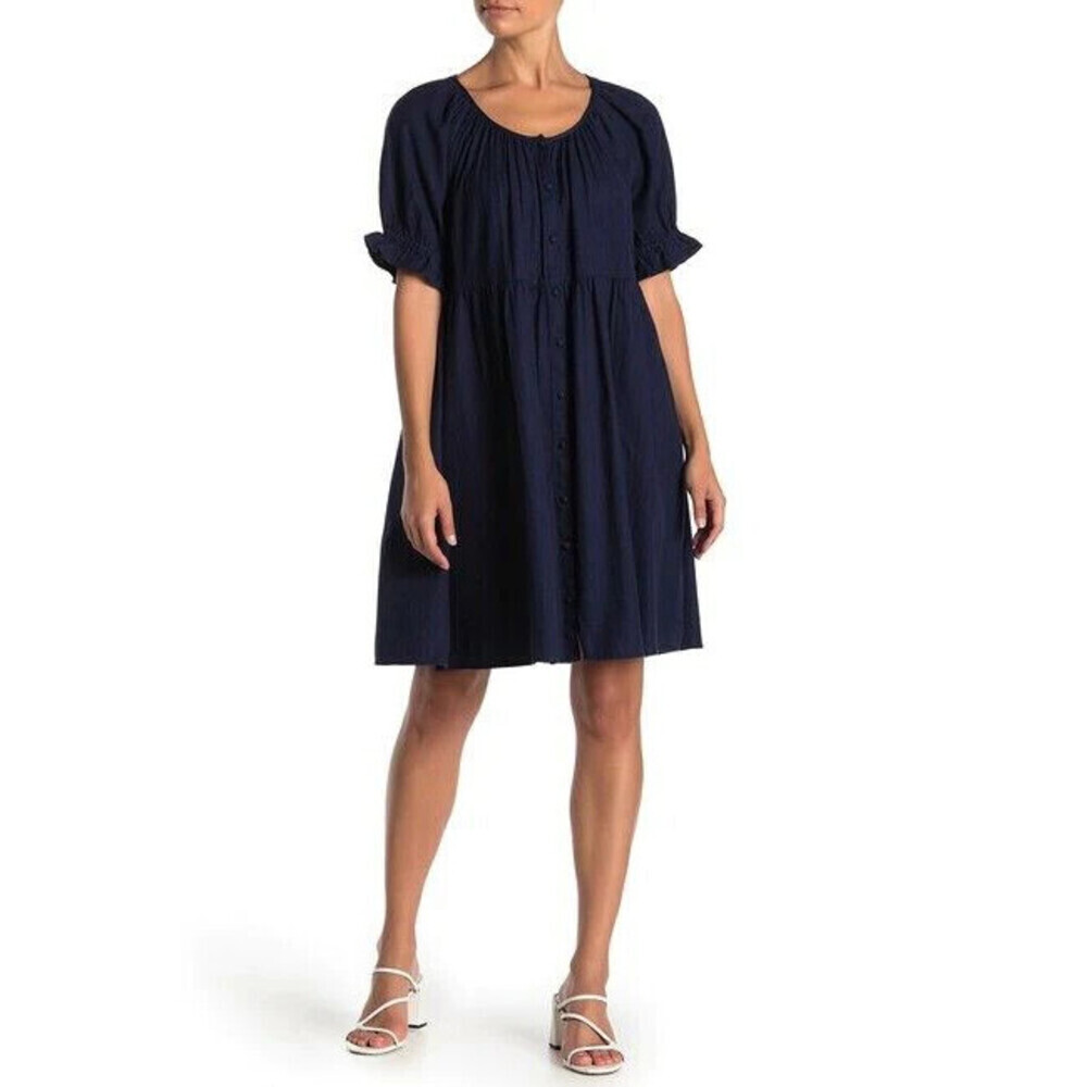 Susina Women' Cotton Baby Doll Button Front Dress Navy Blue Fits Size XXS as S